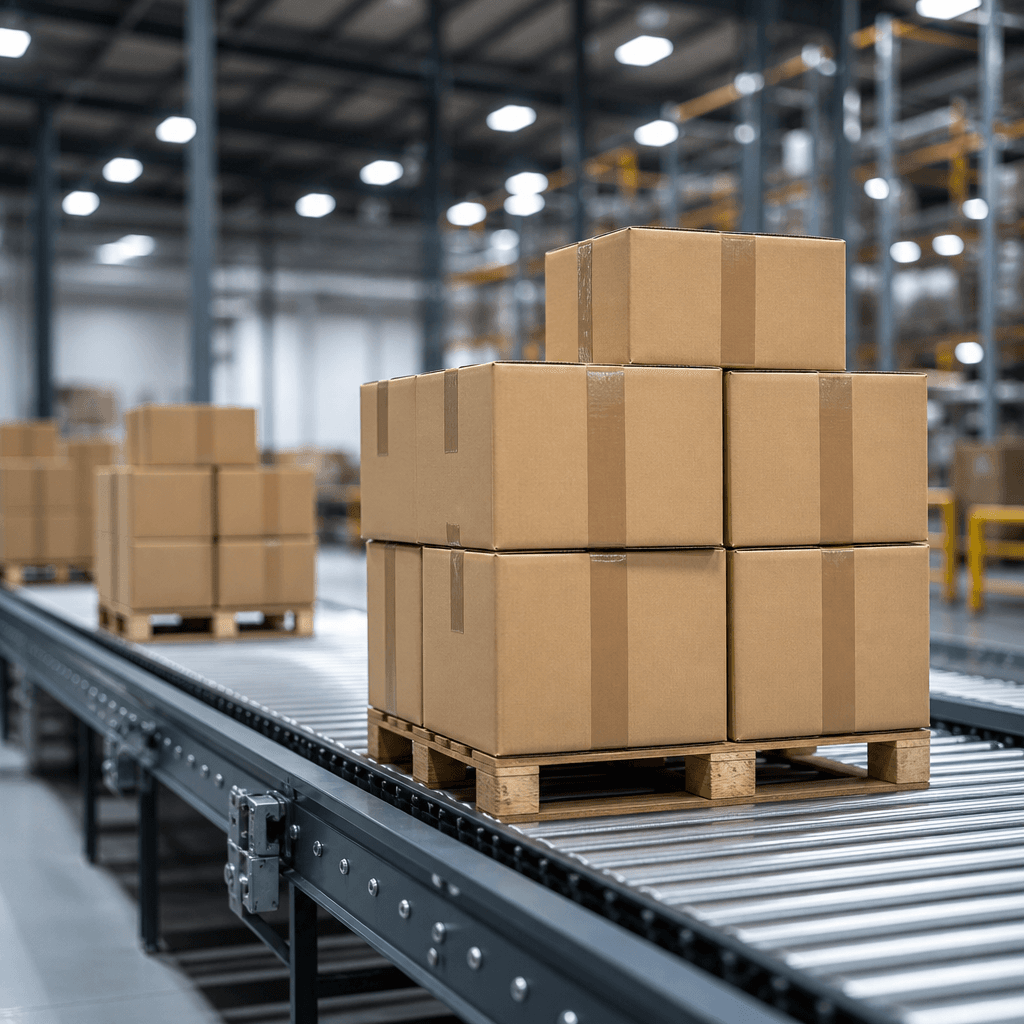 Packed cartons staged for outbound shipping